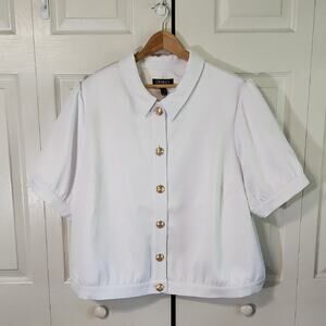 Dennis By Dennis Basso White Short Sleeve Blazer Size 2X Puff Sleeve Gold Button